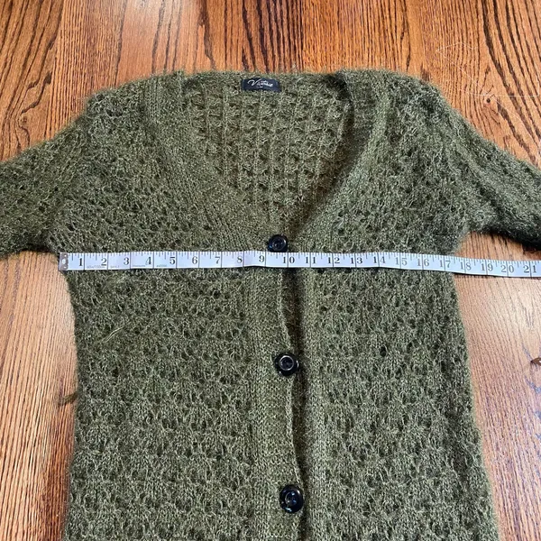 Chartreuse Olive Green Open Knit Fuzzy Cardigan Size M - Image 4