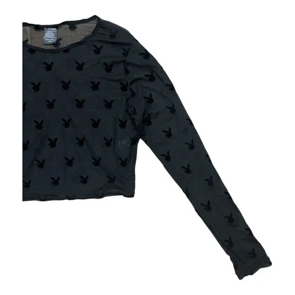 Play Boy Women Crop Top Size L/XL Black Lace Sheer Long-Sleeve Scoop-Neck Blouse - Image 4