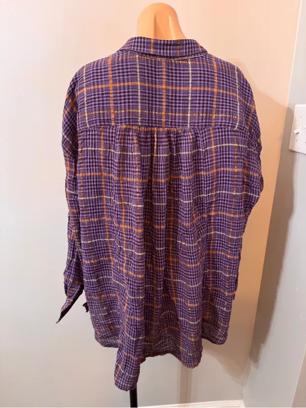 Free People Break My Stride Purple Plaid Button Down Shirt Top Medium - Image 6