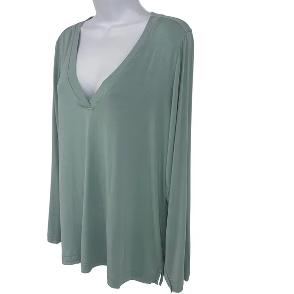 POL V Neck Top Women LG Sage Green Long Sleeve Minimalist Lightweight Capsule‎ - Image 2