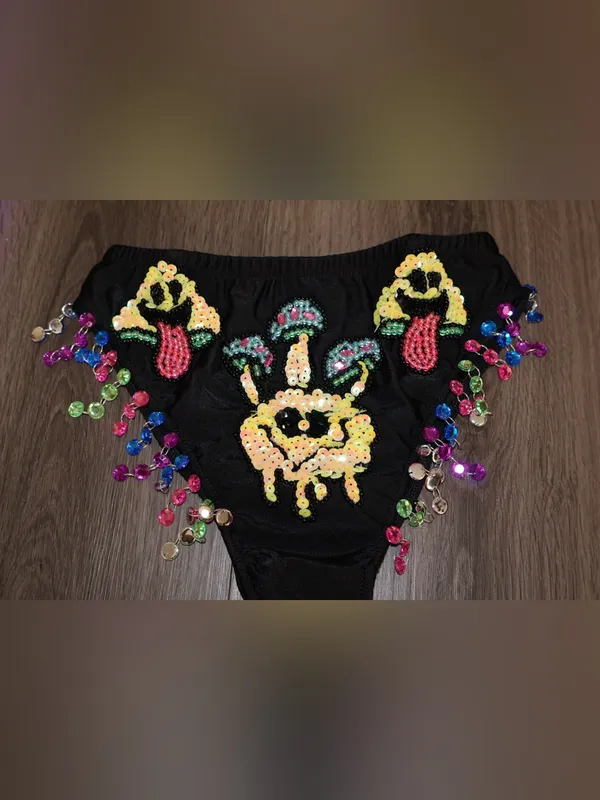 iHeartRaves womens Sequin Mushroom High Waisted Rave Bottoms Colorful Jewel Fringe Festival - Image 2