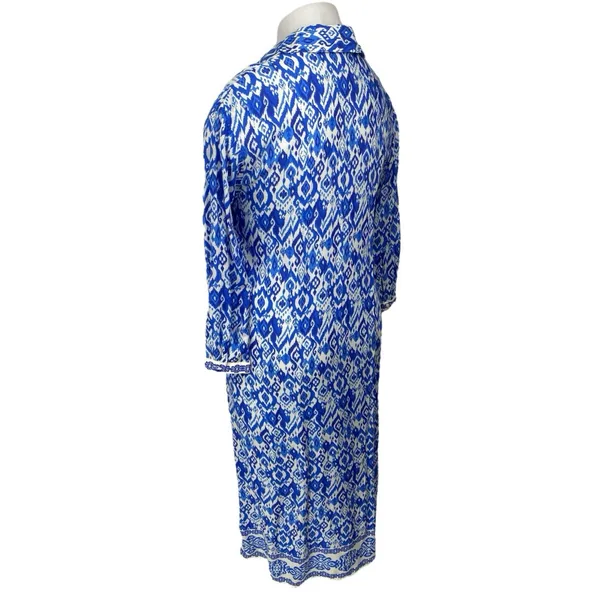 Women's Blue White Long Sleeve Abstract Argyle Button Up Maxi Shirt Dress Size L - Image 2