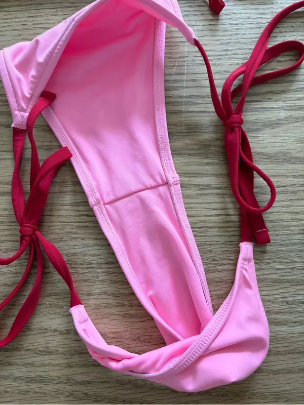 Frankie’s Bikinis Pink Triangle Bikini Set with Red Trim - Image 3