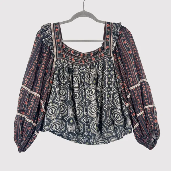 Free People Womens Top Gray Mostly Meadow Blouse Aztec Babydoll Boho Medium - Image 2