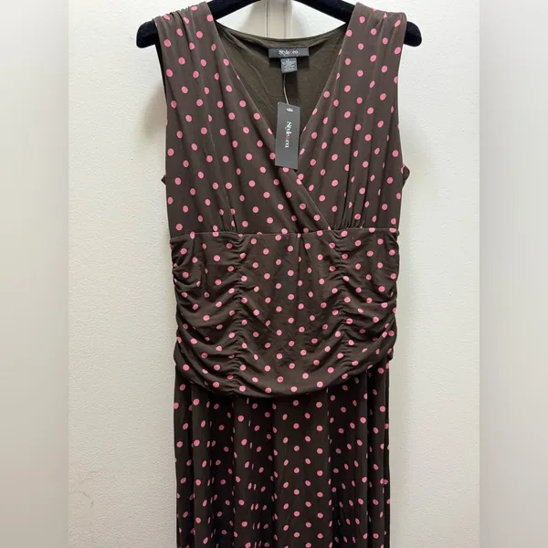 NWT 2000s Y2K Style & Co Womens Dress Sleeveless Chocolate Brown Pink Polka Dot - Image 2