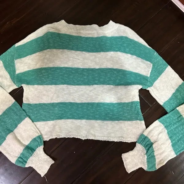 Beach Riot Teal and White Knit Sweater Bell Sleeve XS - Image 7