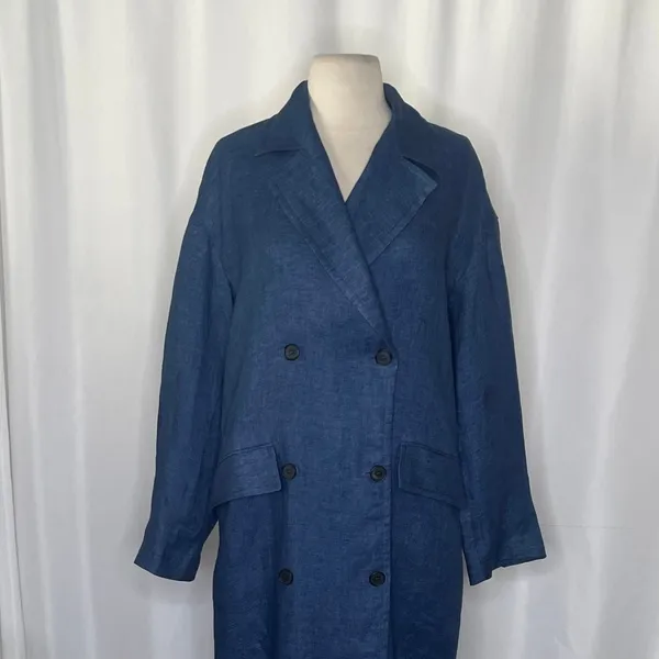 ZARA Limited Edition Linen Coat Buttons Pockets Double Breasted Blue X-Small - Image 3