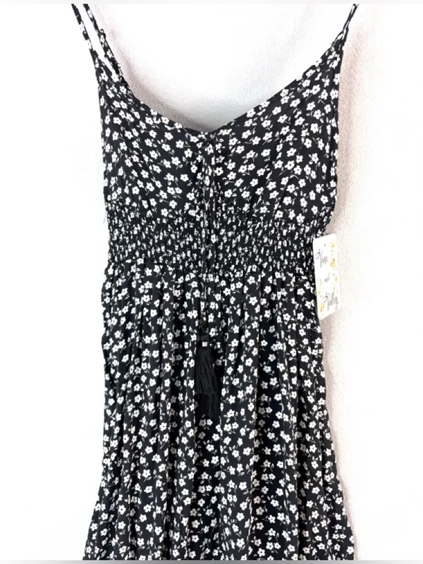 Vine and Valley M Ditsy Ruffle Trim Black Floral Maxi Sun Dress w Smocked Empire - Image 4