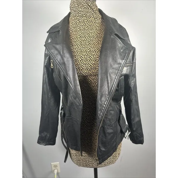 Boutique Europa Womens Leather Jacket Coat Black Moto‎ Biker Zip Belt 90s - Image 12