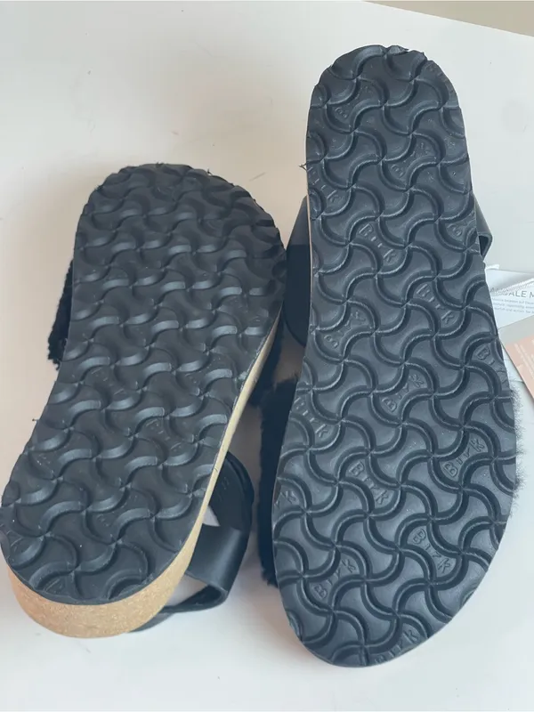 NWT Papillio by Birkenstock Black Shearling Platform Wedge Sandals Size 39 / 8 - Image 6