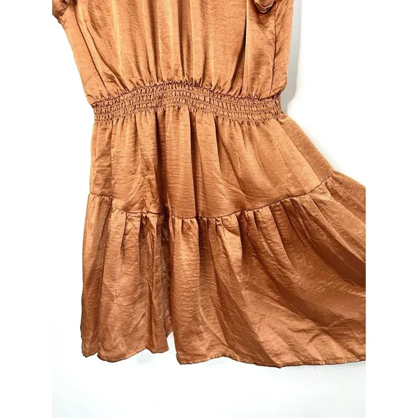 NWT Steve Madden Prairie Dreams Mini‎ Dress Apricot Satin Ruffle Smocked Small S - Image 11