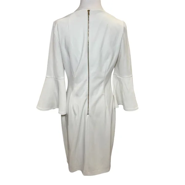 Calvin Klein White Bell Sleeve Gold Zipper Evening Sheath Dress 8‎ Cocktail - Image 4