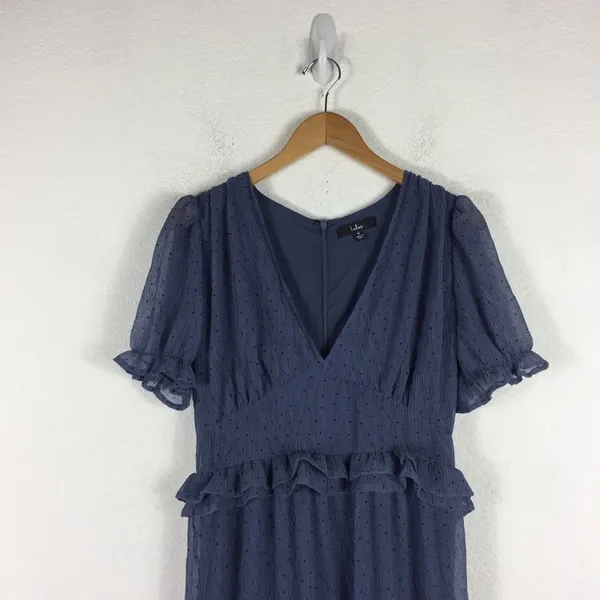 NWT Lulus Know Your Heart Midi Dress Medium Dusty Blue Polka Dot Ruffled - Image 6