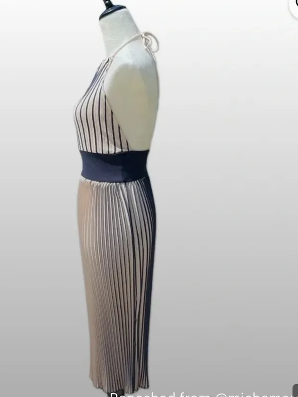 Zara Beige Pleated Halter Midi Dress with Navy Waistband - Image 7