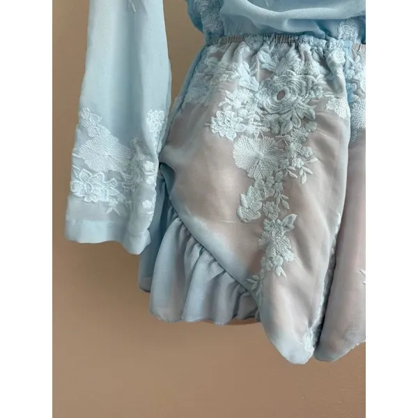 Lioness light blue embroidered floral lace v-neck long sleeve ruffle romper - Image 2