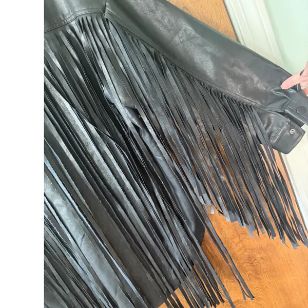 Oversized Fringe Black Button Front Faux Leather Coat Jacket Sz S Western Boho - Image 8