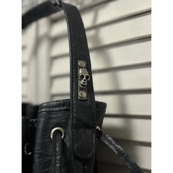 NILA ANTHONY Studded Skull Bucket Bag Purse Tie Faux Leather Pockets Lined Clean - Image 4