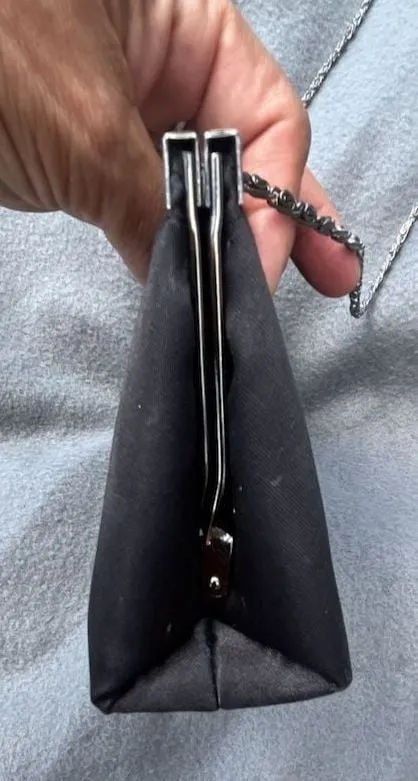 Black Satin Evening Clutch With Silver Chain Strap and Kiss Lock Frame - Image 5