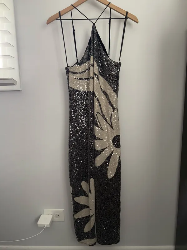 Farm Rio Anthropologie Medium Halter Sequin Midi Dress Black Tropical Resort - Image 9