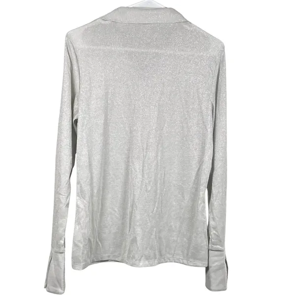 Worthington Blouse Women's Large Silver Metallic Button Up Sheer Collared Layer - Image 2