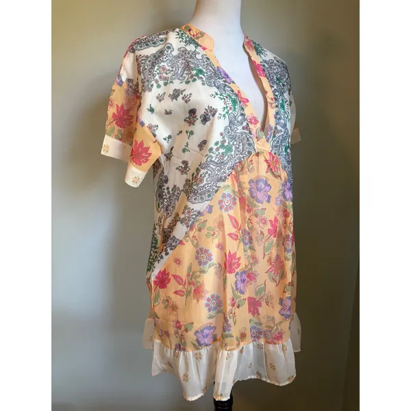 Floral Paisley Patchwork Ruffle Mini Dress Orange Sm boho‎ whimsi dainty cottage - Image 2