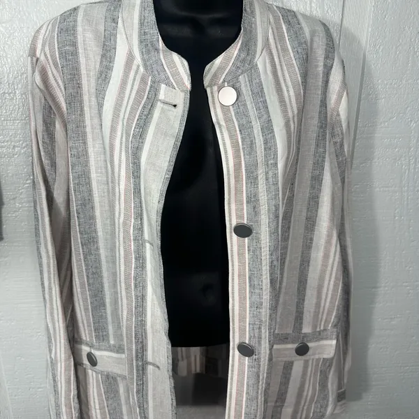 Jones New York Linen Gray Blue Stripes Lightweight JACKET/Blazer SIZE XL EUC - Image 5