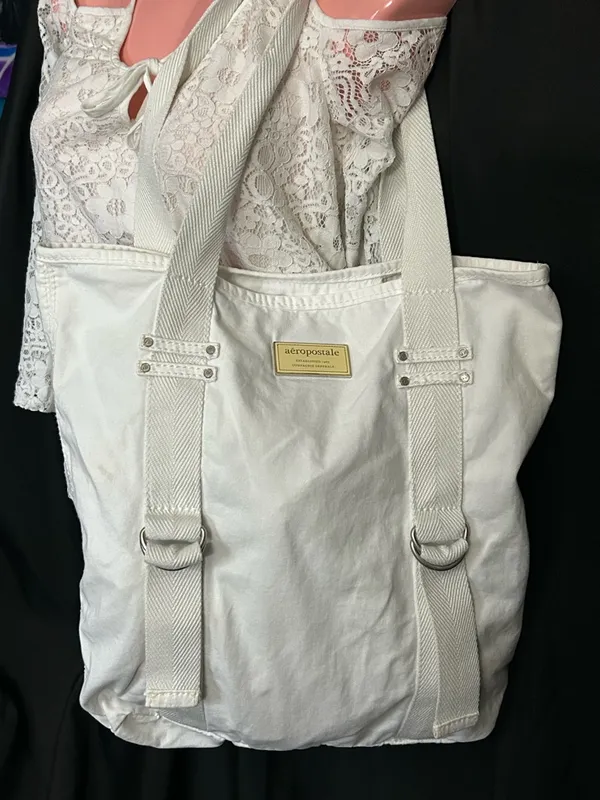 Aeropostale White Canvas Tote Bag with Strap Accents - Image 4