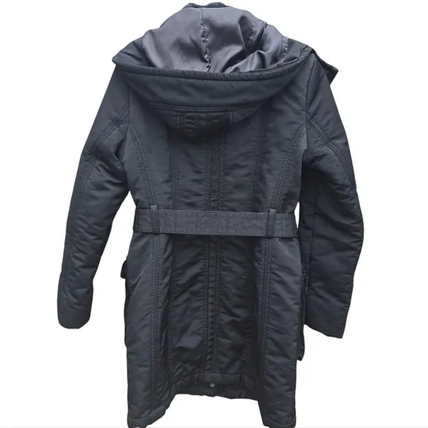 Zara Basic Black‎ Snap Button Pockets Full Zip Belted Lined Hooded Jacket Size M - Image 3