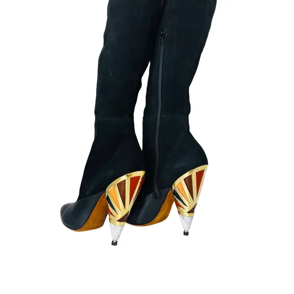 Givenchy Black Leather Suede Over Knee OTK Boots Printed Heel EU 38.5 - Image 14