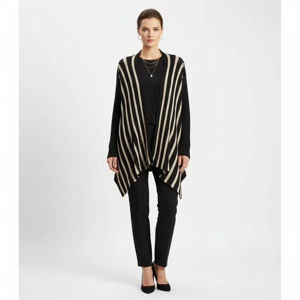 Free People Black & Tan Striped Knit Long Sleeve Snap Duster Cardigan Sweater S - Image 6