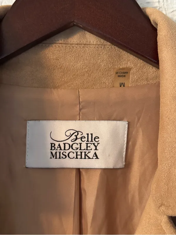Badgley Mischka Tan Faux Suede Camel Long Belted Trench Coat - Image 8