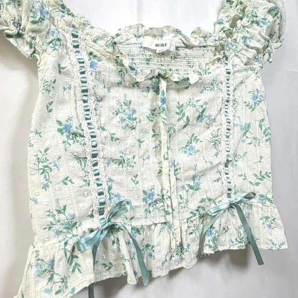 Mine Floral Swiss Dot Crop Top Lace Ribbon Puff Sleeve White Blue Women's‎ L - Image 4