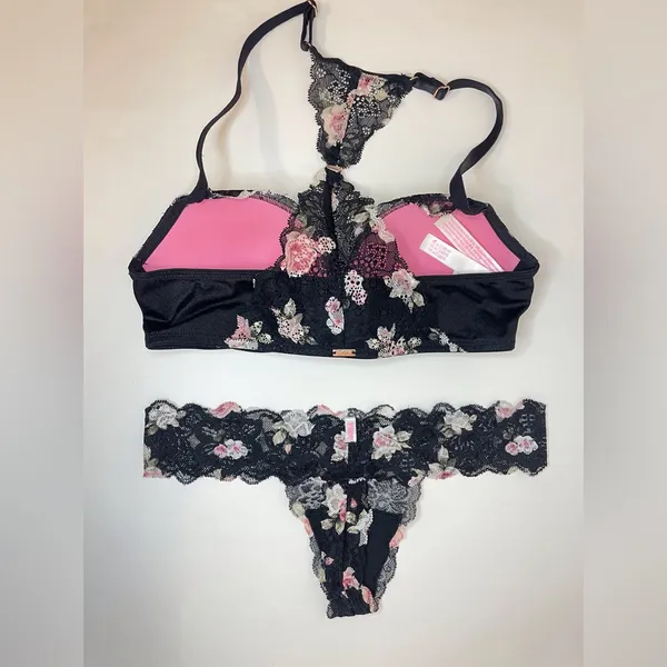 Victoria's Secret NWOT Set of 2 Black‎ Floral Lace Bra 32C|Panties Size S - Image 2