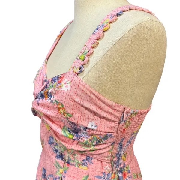 Ranna Gill S Len Scallop Romper Pink Floral Linen Smocked Garden Brunch Bohemian - Image 7