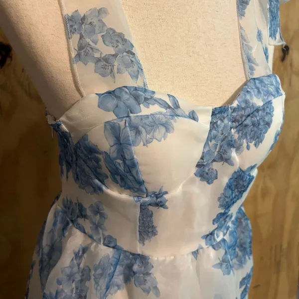 Sleeveless Chiffon Blue Floral Print Cocktail Party Corset Dress Sz M - Image 2
