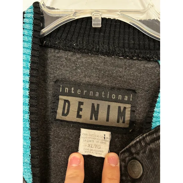 International Denim Vintage Varsity Bomber Jacket Black Teal XL Tampa Bay Auto - Image 7