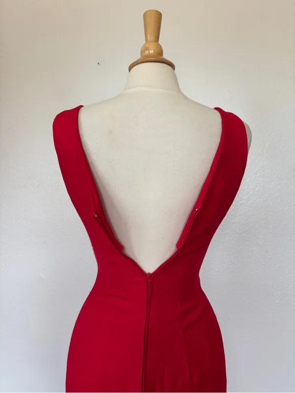 Vintage 80s Solid Red Fitted Full Length Cut Out Formal Dress Size 6 - Image 7