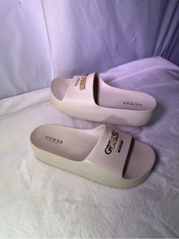 GUESS Women's Beige Slide Sandals with Gold Logo - Image 2