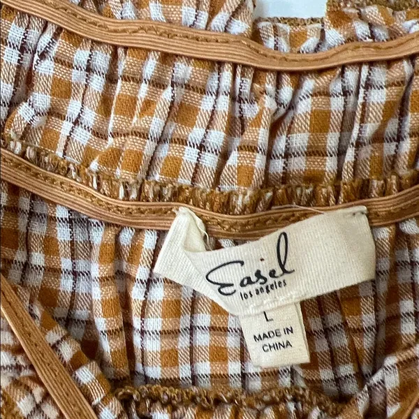 Easel Checkered Ruffle Sleeve Blouse - Tan - Image 2