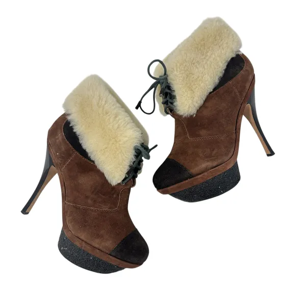L.A.M.B Pier Booties Suede Shearling Platform‎ Boots High Heels Brown Size US 8 - Image 2