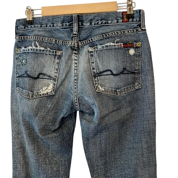 7 For All Mankind boot cut distressed bejeweled denim jeans Excellent Like New! - Image 4