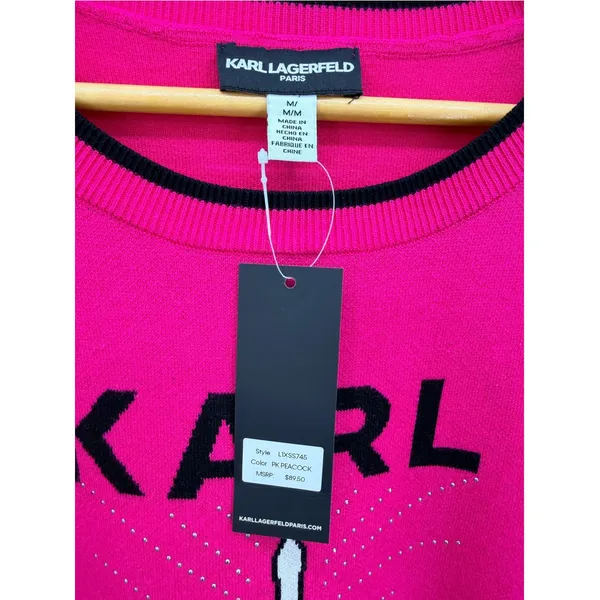 Karl Lagerfeld Paris Hot Pink Eiffel Tower Rhinestone Sweater M NWT Parisian - Image 4