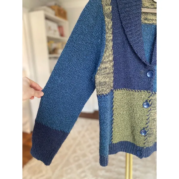Vintage Patchwork Knit Cardigan Allison Daley Shawl Collar Quiet Luxury Boho L - Image 5