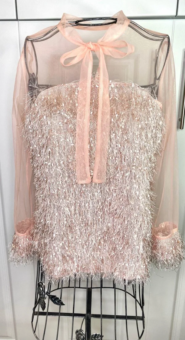 Blush Pink Contrast Mesh Tie Neck Shaggy Fringe Blouse - Image 11