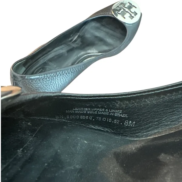 Tory Burch Peep Toe Wedge Pumps Black Leather Silver Logo Size 8 - Image 7