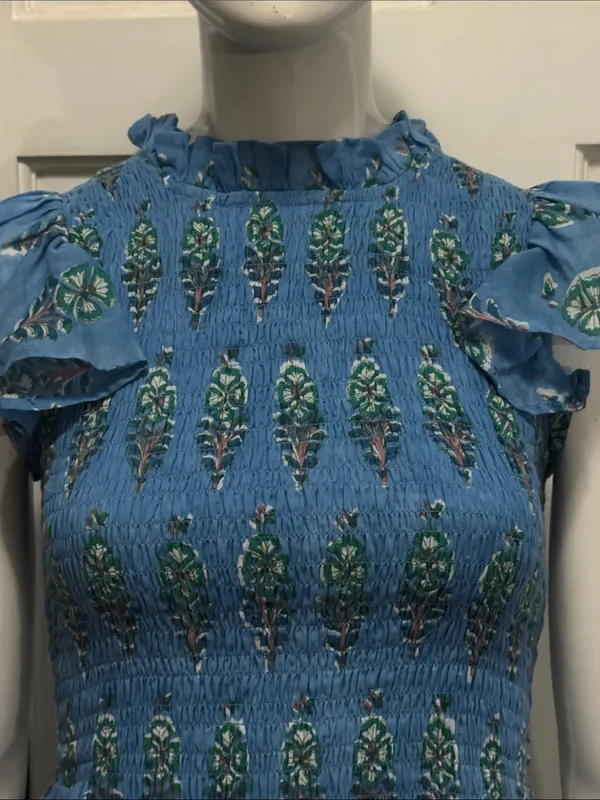 OLIPHANT 100% Cotton Smocked Flirty Ruffle Blue Block Print | Size Small - Image 7