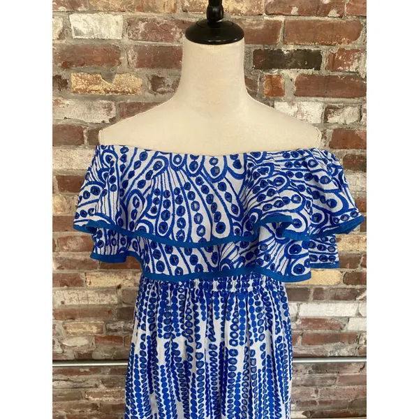 Daphne Lo Blue White Embroidered Off-Shoulder Ruffle Maxi Dress Tiered Cotton L - Image 2