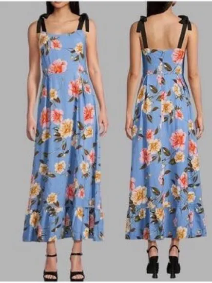 GB Women Powder Blue Floral Maxi Dress with Black Tie Straps - Image 2