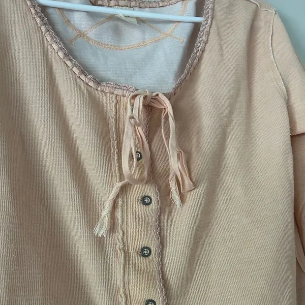 We The Free People Pink Cecelia Coquette Henley Bow Long Sleeve Top Size Large - Image 4