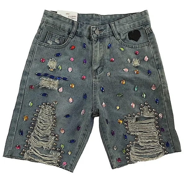 Streetwear bedazzled Jewel Studded bling frayed high Waisted Denim Shorts NWT LG - Image 3